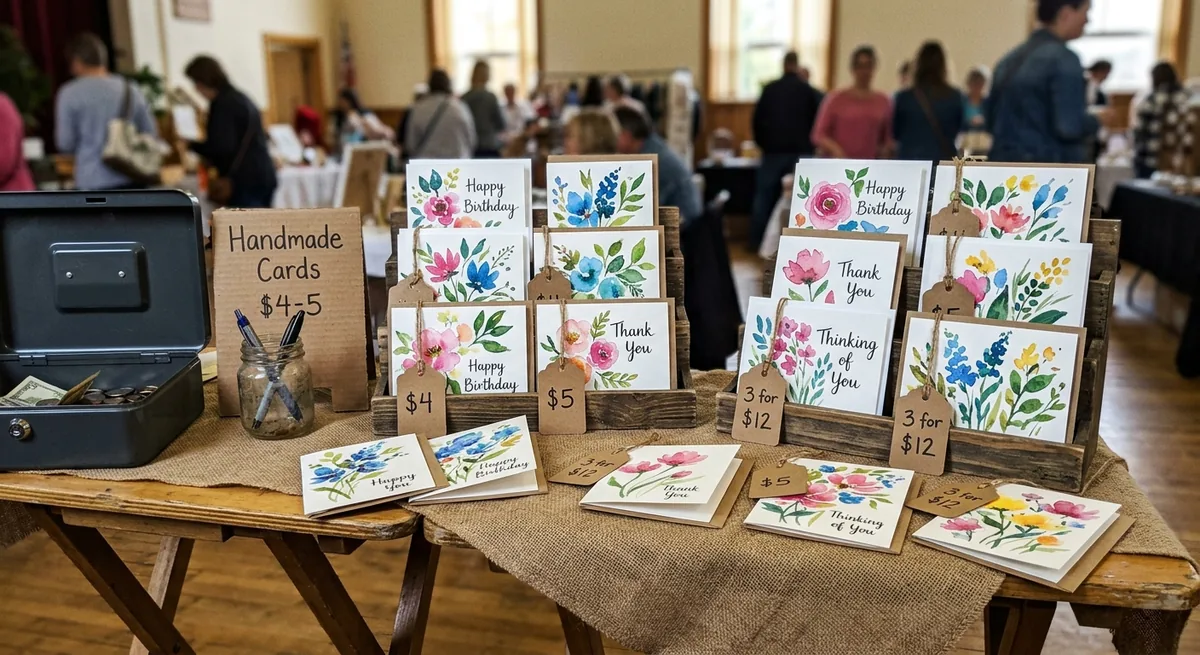Handmade watercolor cards displayed at a craft fair table