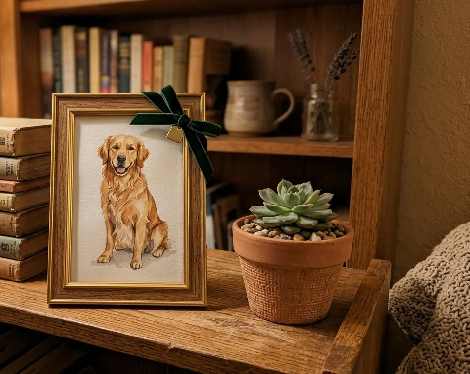 Framed watercolor dog portrait on a bookshelf with a gift ribbon