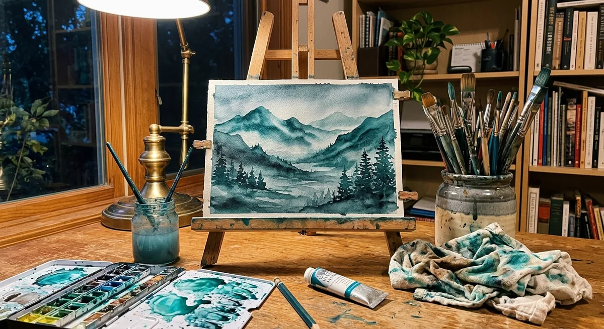 Watercolor mountain landscape drying on a desk easel at home